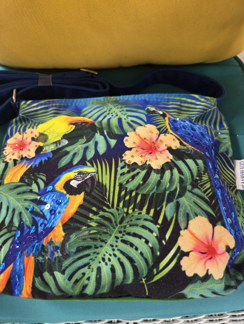 NEW Guy Harvey Sequin And Bead Tropical Parrot Print Crossbody Bag - Blue - Picture 8 of 8